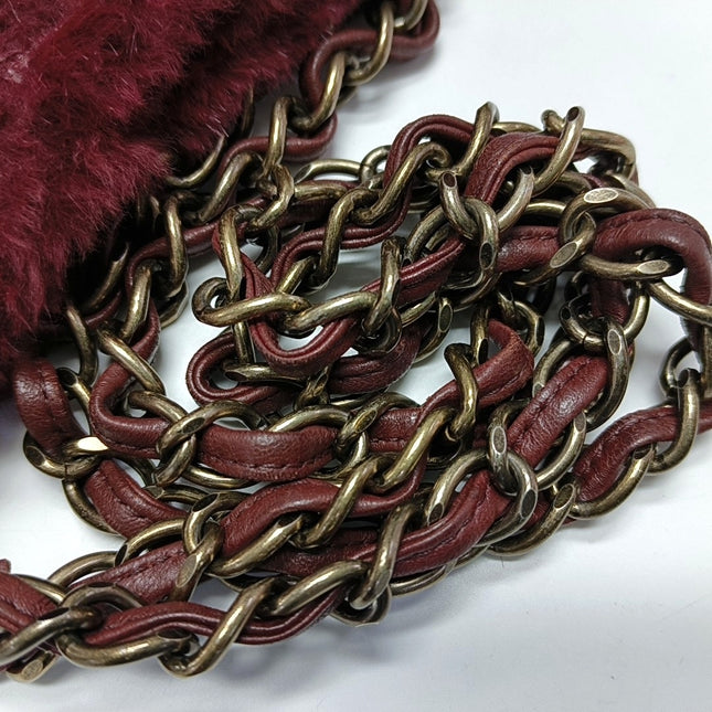 Chanel Burgundy Fur Shoulder Bag Gold Hardware