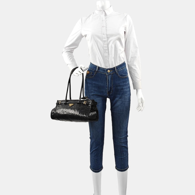 Prada Bonnie Medium Soft Lux Black Shiny Calfskin Leather Shoulder Bag