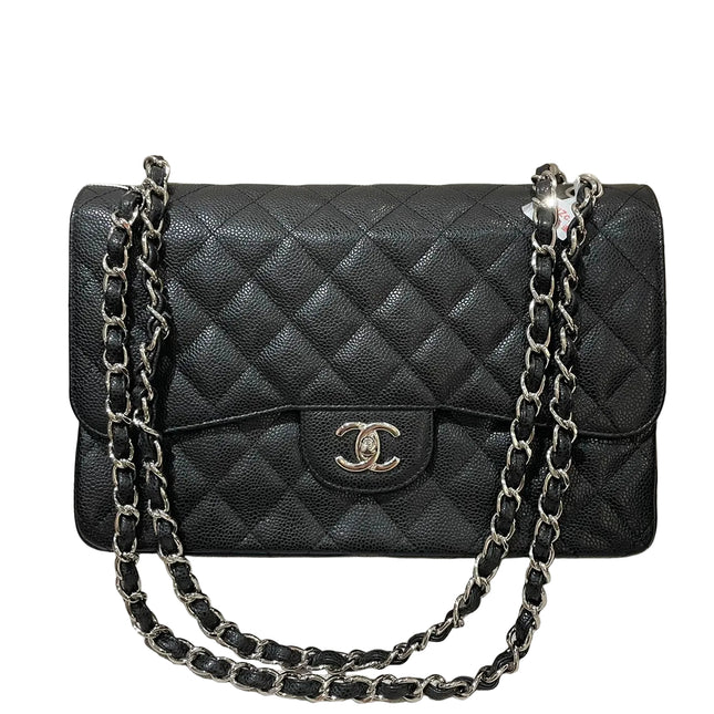 Chanel Classic Flap Jumbo 2014 Black Caviar Leather Double Flap Silver Hardware-Luxbags