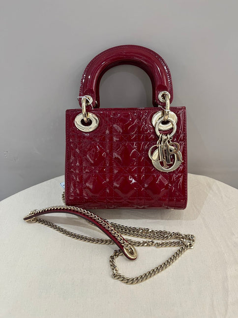 Lady Dior Mini 2019 Red Patent Leather Gold-tone Chain Strap