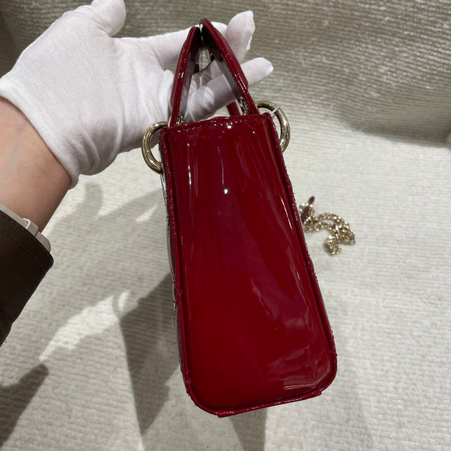 Lady Dior Mini Handbag 2019 Burgundy Red Patent Leather Gold-tone Chain Strap