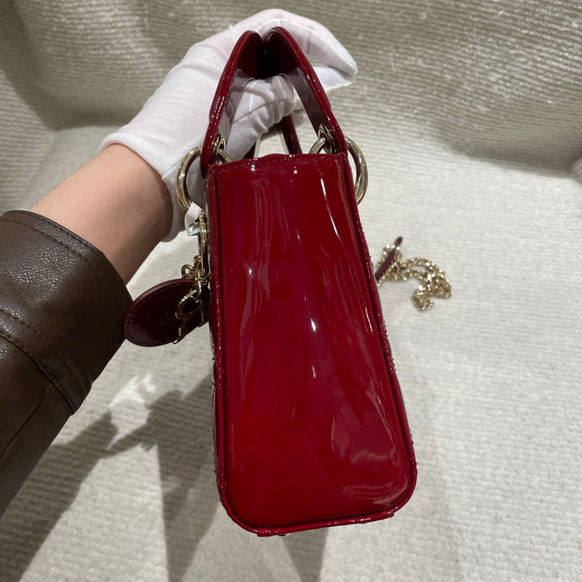 Lady Dior Mini Handbag 2019 Burgundy Red Patent Leather Gold-tone Chain Strap
