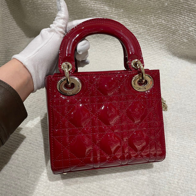 Lady Dior Mini Handbag 2019 Burgundy Red Patent Leather Gold-tone Chain Strap
