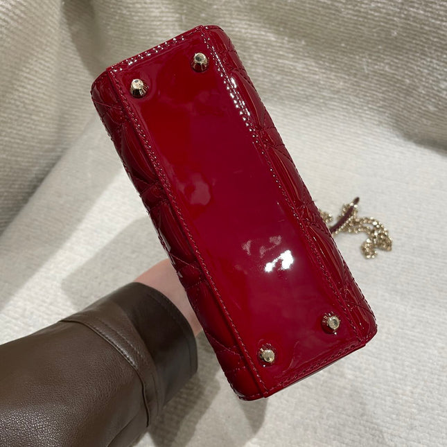 Lady Dior Mini Handbag 2019 Burgundy Red Patent Leather Gold-tone Chain Strap