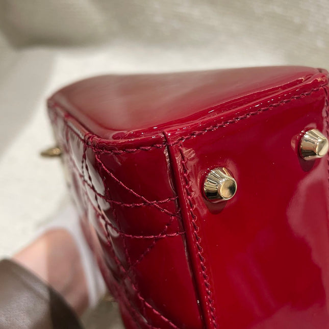 Lady Dior Mini Handbag 2019 Burgundy Red Patent Leather Gold-tone Chain Strap