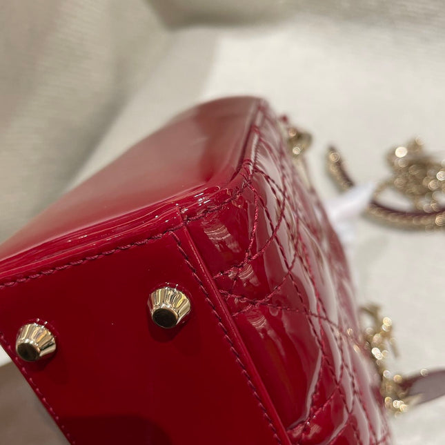 Lady Dior Mini Handbag 2019 Burgundy Red Patent Leather Gold-tone Chain Strap