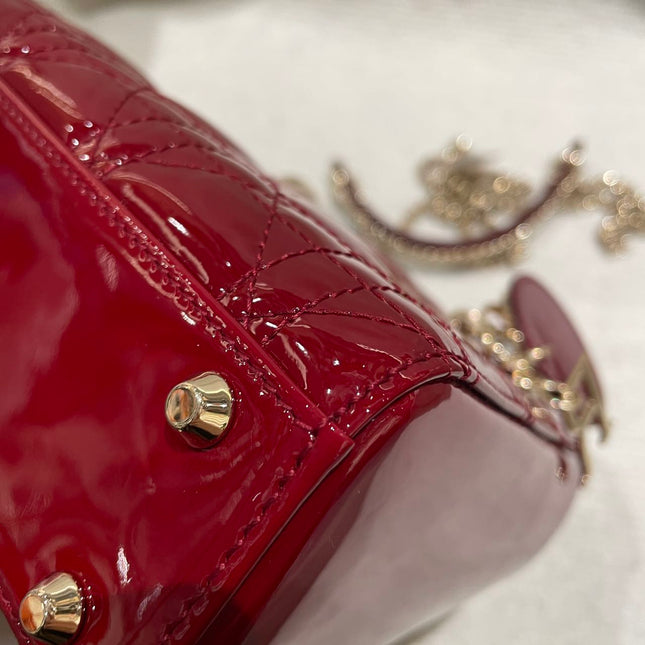 Lady Dior Mini Handbag 2019 Burgundy Red Patent Leather Gold-tone Chain Strap