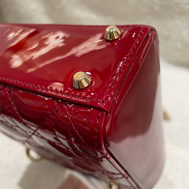 Lady Dior Mini Handbag 2019 Burgundy Red Patent Leather Gold-tone Chain Strap