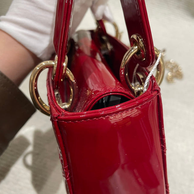 Lady Dior Mini Handbag 2019 Burgundy Red Patent Leather Gold-tone Chain Strap