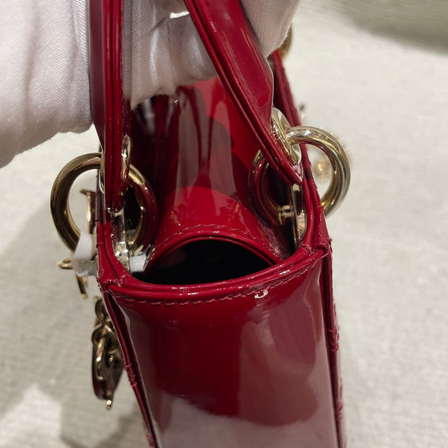 Lady Dior Mini Handbag 2019 Burgundy Red Patent Leather Gold-tone Chain Strap