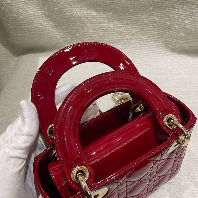 Lady Dior Mini Handbag 2019 Burgundy Red Patent Leather Gold-tone Chain Strap