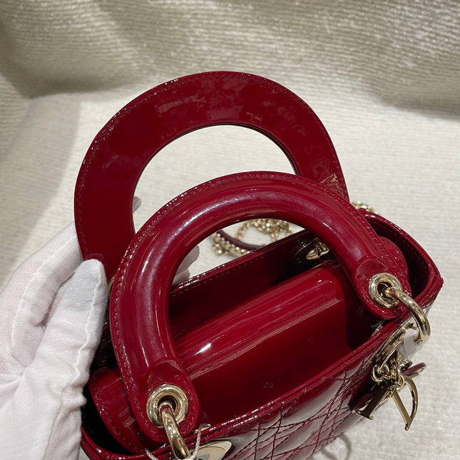 Lady Dior Mini Handbag 2019 Burgundy Red Patent Leather Gold-tone Chain Strap