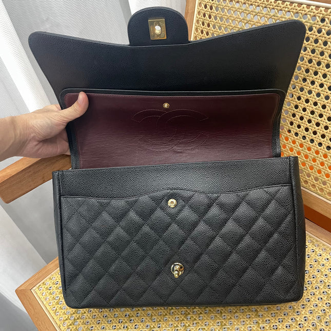 Chanel Classic Flap Maxi 2011 Black Caviar Leather Double Flap Gold Hardware