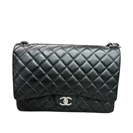 Chanel Classic Flap Maxi Black Lambskin Leather Double Flap Silver Hardware 2012