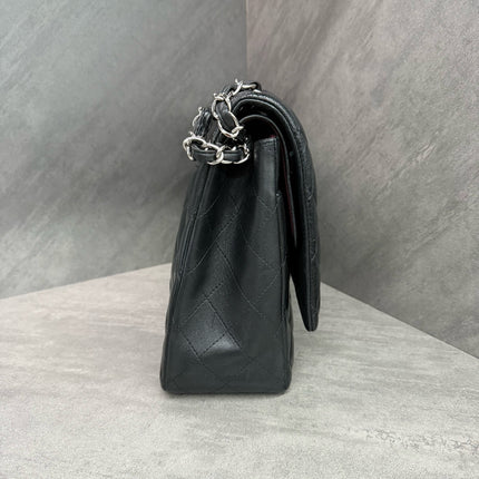 Chanel Classic Flap Maxi Black Lambskin Leather Double Flap Silver Hardware 2012