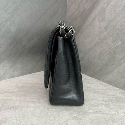 Chanel Classic Flap Maxi Black Lambskin Leather Double Flap Silver Hardware 2012