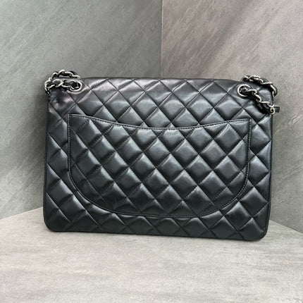 Chanel Classic Flap Maxi Black Lambskin Leather Double Flap Silver Hardware 2012