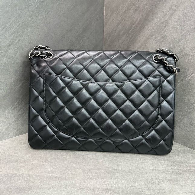 Chanel Classic Flap Maxi Black Lambskin Leather Double Flap Silver Hardware 2012