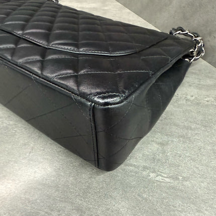 Chanel Classic Flap Maxi Black Lambskin Leather Double Flap Silver Hardware 2012