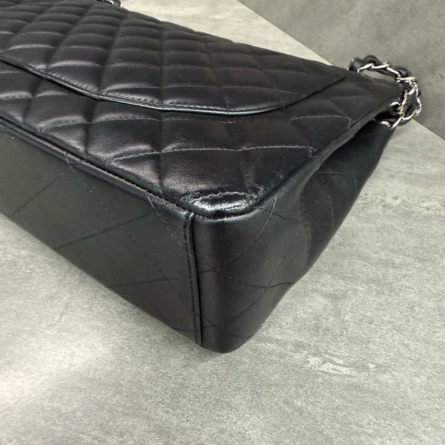Chanel Classic Flap Maxi Black Lambskin Leather Double Flap Silver Hardware 2012
