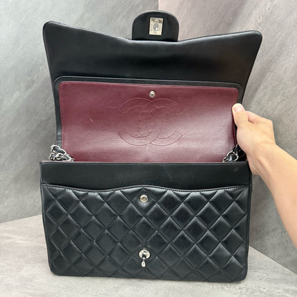 Chanel Classic Flap Maxi Black Lambskin Leather Double Flap Silver Hardware 2012
