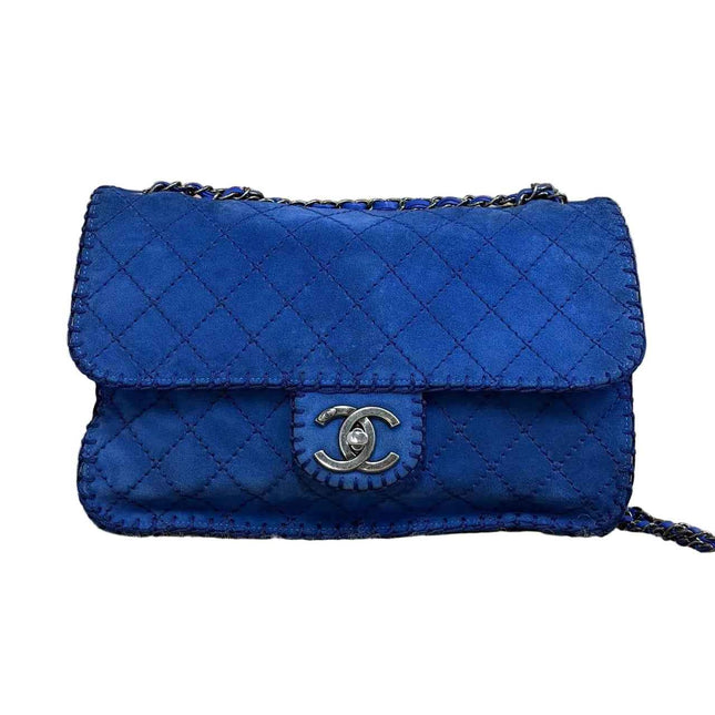 Chanel Royal Blue Suede Whipstitch Flap Jumbo Bag Silver Hardware