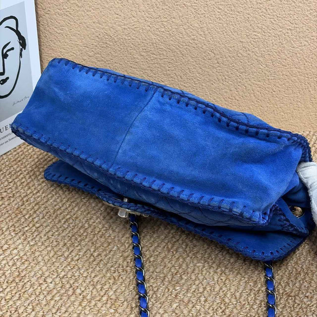 Chanel Royal Blue Suede Whipstitch Flap Jumbo Bag Silver Hardware
