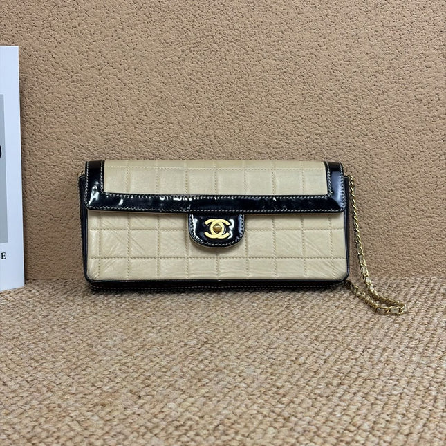 Chanel East West Chocolate Bar Beige Leather and Black Patent Leather Shoulder Bag-Luxbags