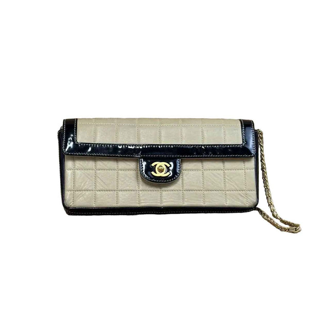 Chanel East West Chocolate Bar Beige Leather and Black Patent Leather Shoulder Bag