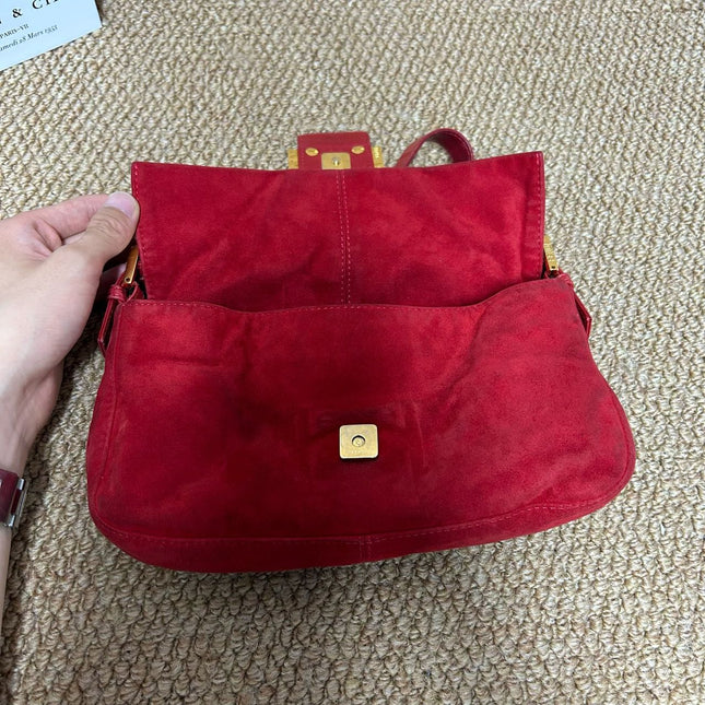 Fendi Baguette Red Suede Purple Starry Buckle Shoulder Bag