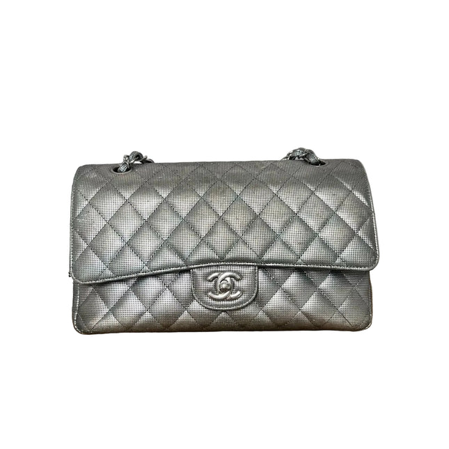 Chanel Classic Flap Medium 2016 Metallic Grey Pixel Effect Calfskin Leather Silver Hardware-Luxbags