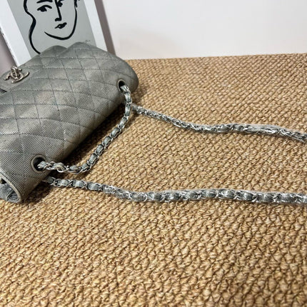 Chanel Classic Flap Medium 2016 Metallic Grey Pixel Effect Calfskin Leather Silver Hardware