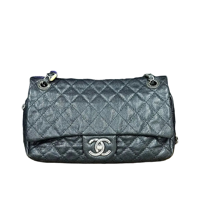 Chanel Easy Flap Medium Black Caviar Leather Silver Hardware Shoulder Bag