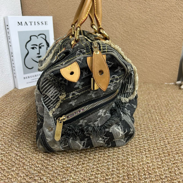 Louis Vuitton Patchwork Speedy 30 Grey Black Denim Handbag