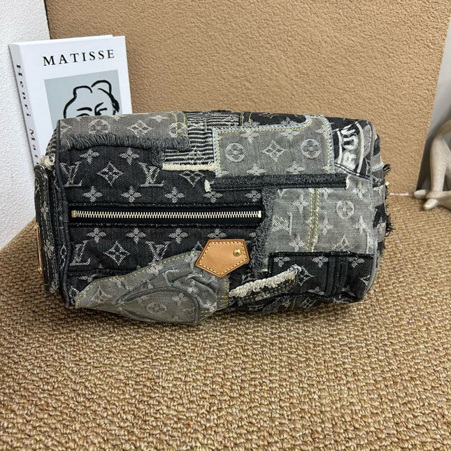 Louis Vuitton Patchwork Speedy 30 Grey Black Denim Handbag