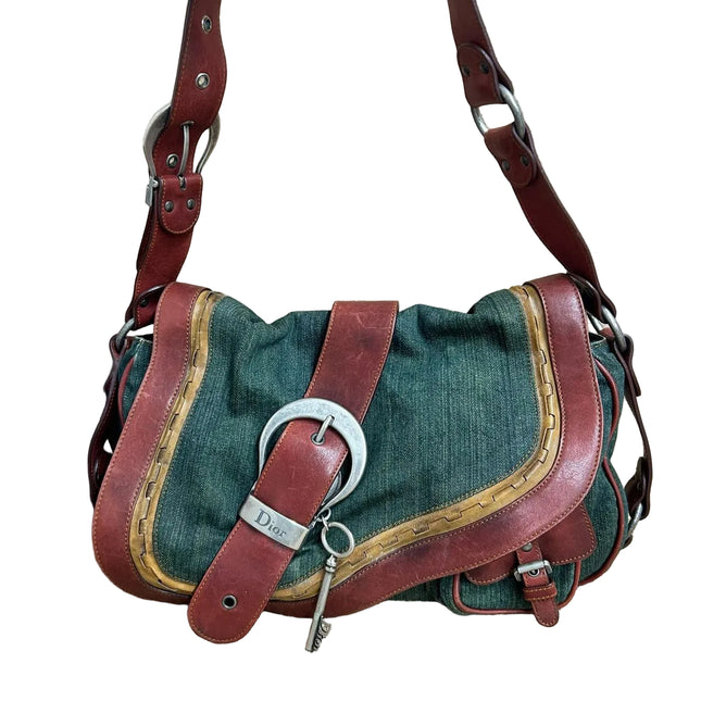 Dior Vintage Gaucho Large Green Denim Burgundy Leather Crossbody Bag 2006-Luxbags
