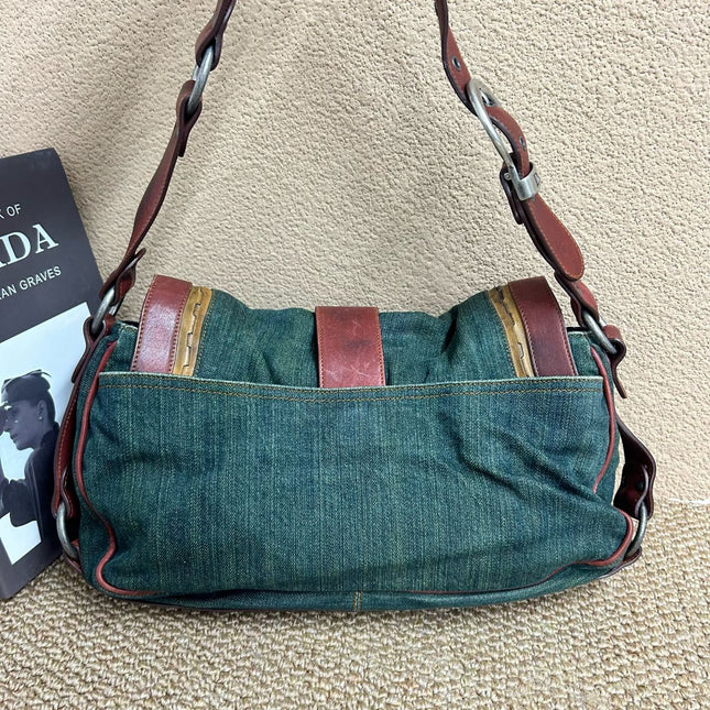 Dior Vintage Gaucho Large Green Denim Burgundy Leather Crossbody Bag 2006