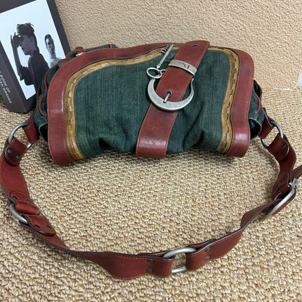 Dior Vintage Gaucho Large Green Denim Burgundy Leather Crossbody Bag 2006
