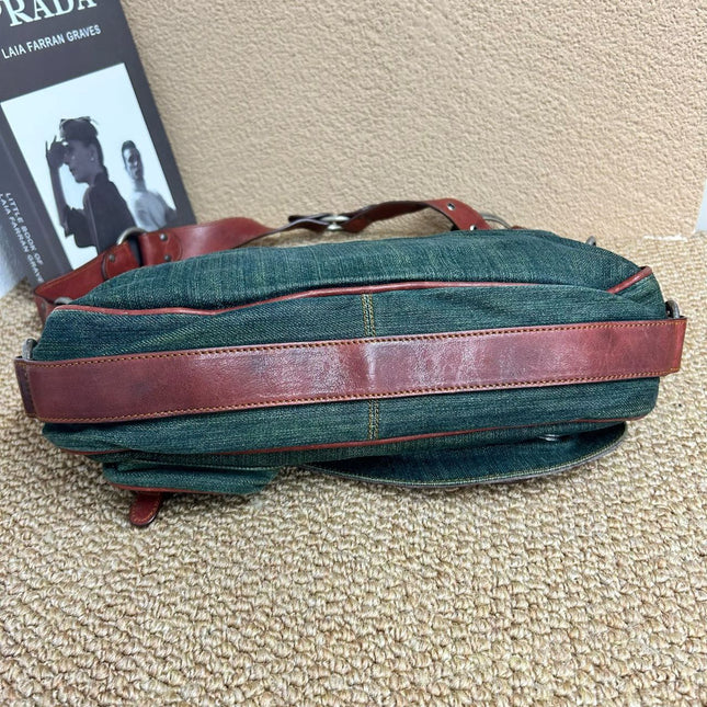 Dior Vintage Gaucho Large Green Denim Burgundy Leather Crossbody Bag 2006