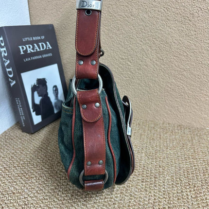Dior Vintage Gaucho Large Green Denim Burgundy Leather Crossbody Bag 2006