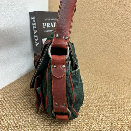 Dior Vintage Gaucho Large Green Denim Burgundy Leather Crossbody Bag 2006