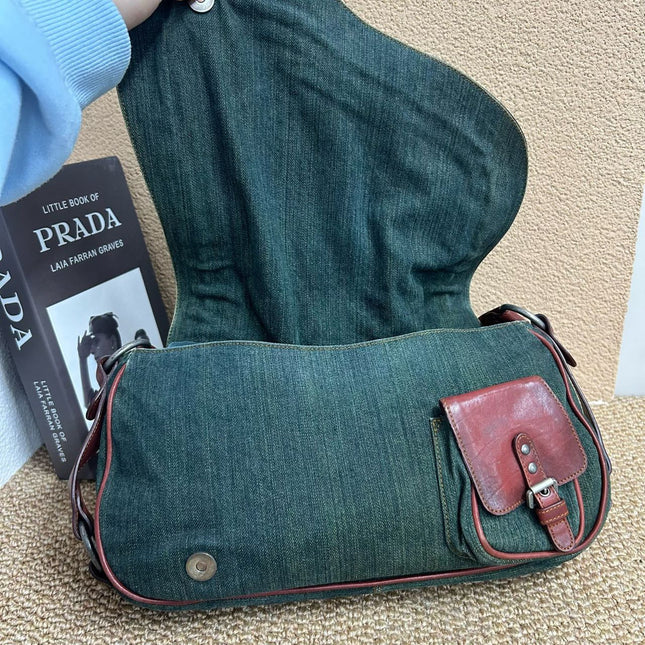 Dior Vintage Gaucho Large Green Denim Burgundy Leather Crossbody Bag 2006
