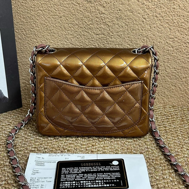 Chanel Classic Flap Mini Square Copper Brown Patent Leather Silver Hardware Crossbody Bag