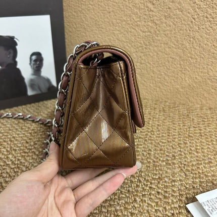 Chanel Classic Flap Mini Square Copper Brown Patent Leather Silver Hardware Crossbody Bag