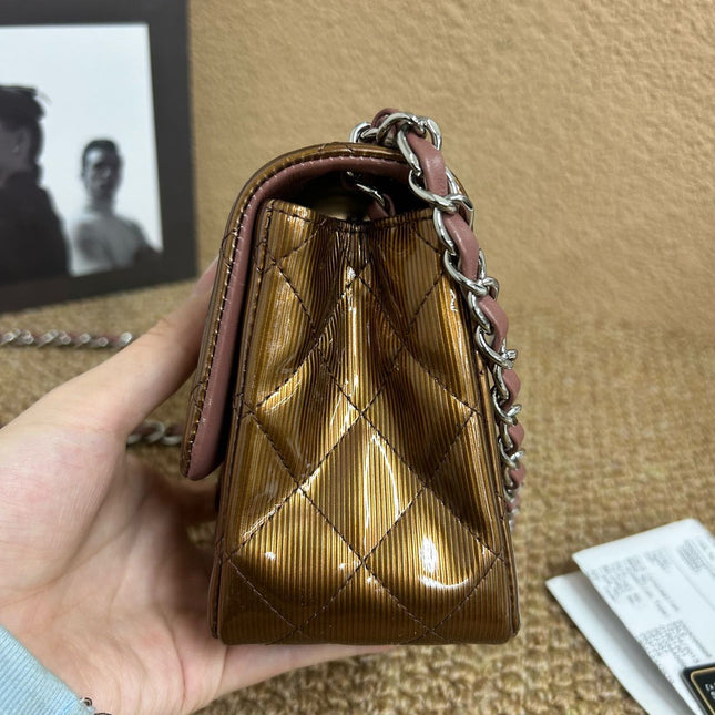 Chanel Classic Flap Mini Square Copper Brown Patent Leather Silver Hardware Crossbody Bag