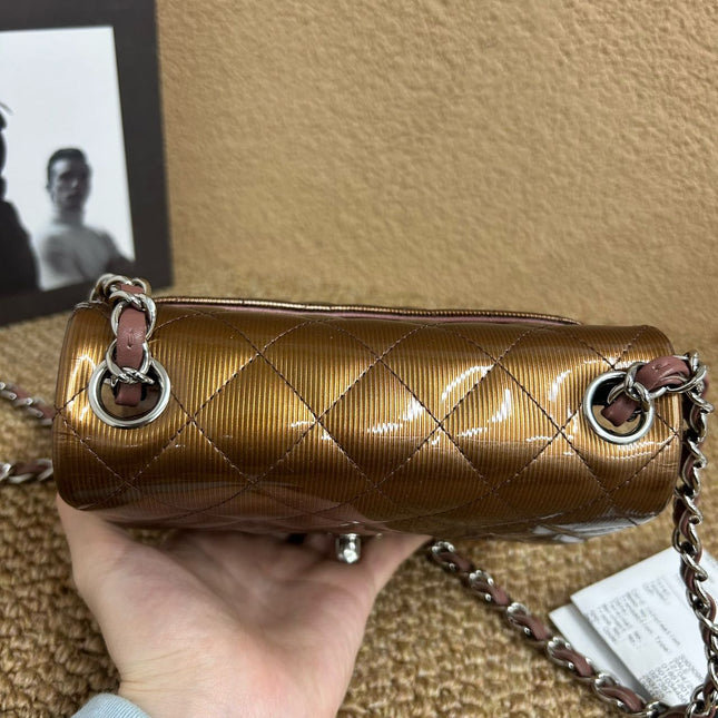 Chanel Classic Flap Mini Square Copper Brown Patent Leather Silver Hardware Crossbody Bag