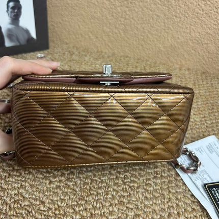 Chanel Classic Flap Mini Square Copper Brown Patent Leather Silver Hardware Crossbody Bag