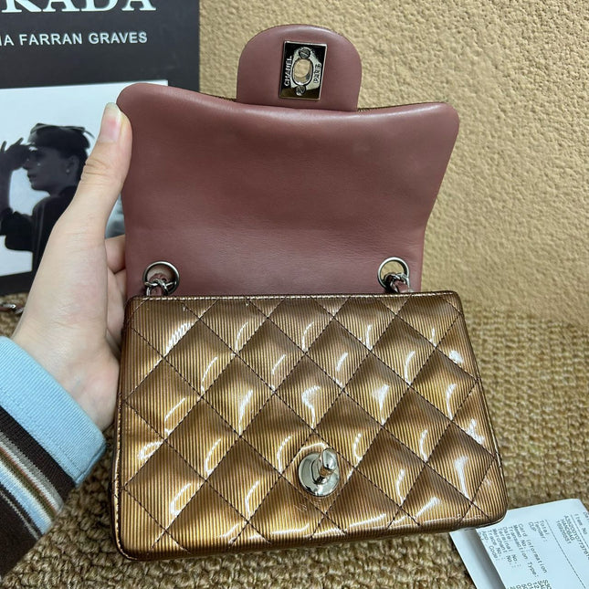 Chanel Classic Flap Mini Square Copper Brown Patent Leather Silver Hardware Crossbody Bag
