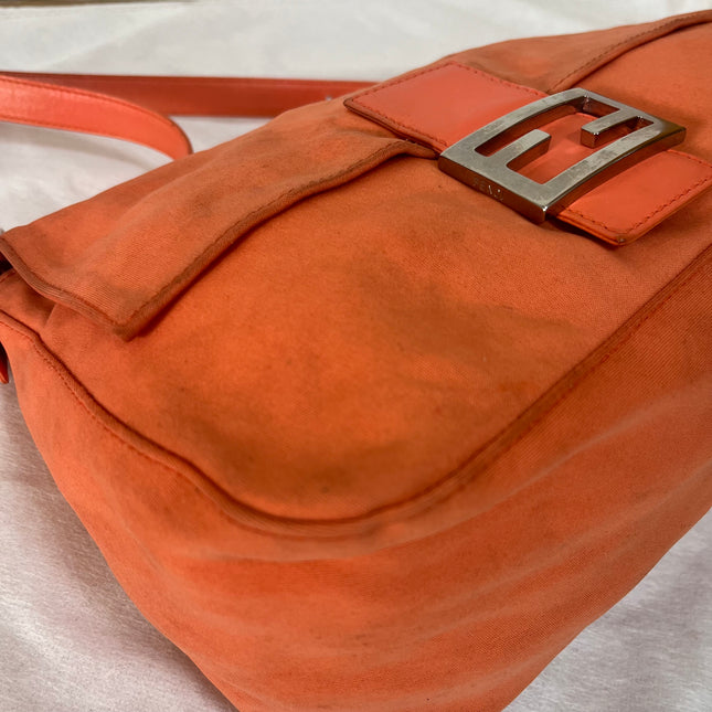 Fendi Mamma Baguette Vintage Orange Cloth Silver Hardware Shoulder Bag