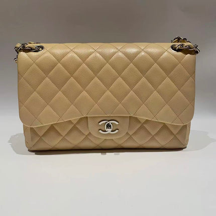 Chanel Classic Flap Jumbo 2014 Beige Caviar Leather Double Flap Silver Hardware-Luxbags